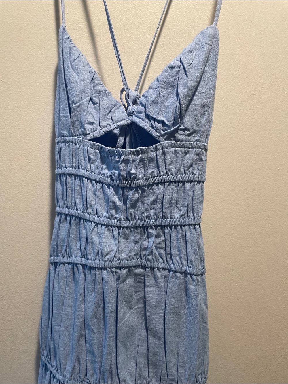 SNDYS. Tahlia Light Blue Spaghetti-Strap Maxi Dress with Tiered Layers - Picture 3 of 7